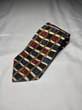 Neiman Marcus Silk Men's Tie Spain Unique Pattern Design Art Red Blue Black‎